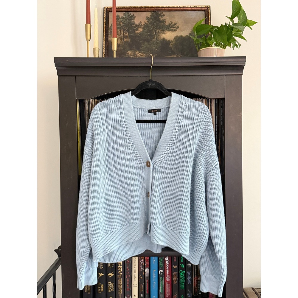 Quince Cardigan L Light Blue Organic Cotton Chunky Rib Knit V-Neck Sweater